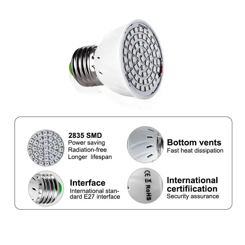 220V E27 60LED augalų auginimo šviesa fito lempos LED viso spektro auginimo lemputė šiltnamio efektą sukeliančių hidroponikos augimui fitolampy