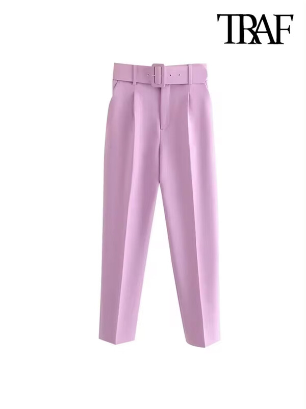 TRAF-sieviešu bikses ar augstu vidukli ar rāvējslēdzēju, ar jostu, biroja bikses, sānu kabatas, sieviešu modes