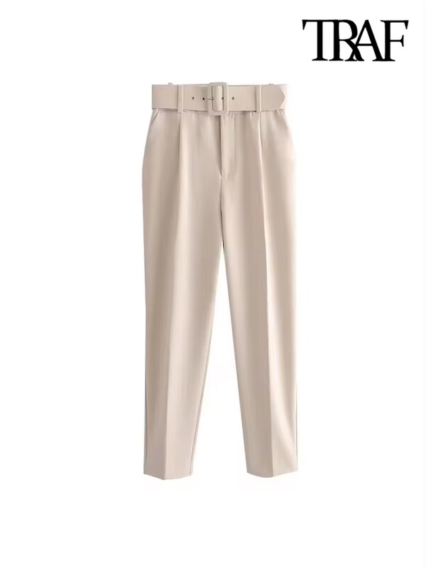 TRAF-sieviešu bikses ar augstu vidukli ar rāvējslēdzēju, ar jostu, biroja bikses, sānu kabatas, sieviešu modes