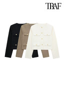 TRAF-Γυναικείο παλτό με χρυσό κουμπί, O λαιμός, μακρυμάνικο, γυναικεία πανωφόρια, κομψά μπλουζάκια, μόδα