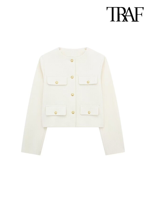 TRAF-Γυναικείο παλτό με χρυσό κουμπί, O λαιμός, μακρυμάνικο, γυναικεία πανωφόρια, κομψά μπλουζάκια, μόδα