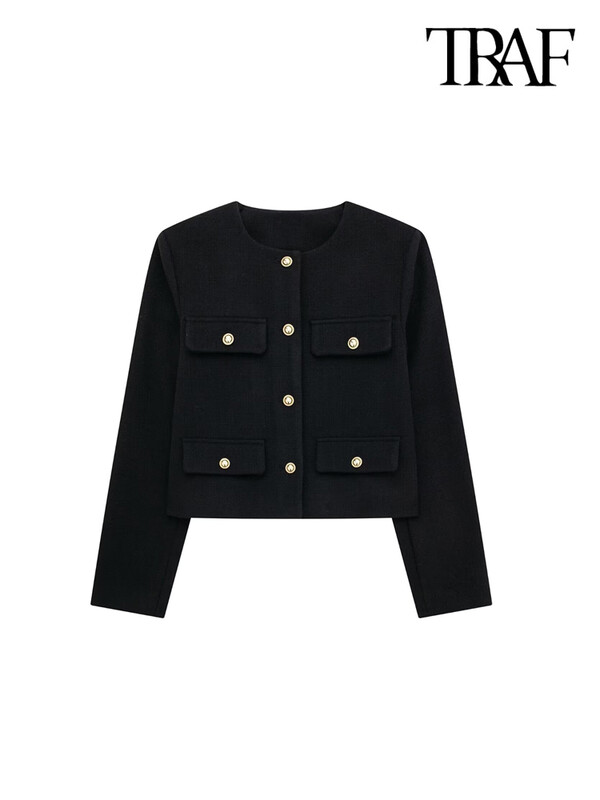 TRAF-Γυναικείο παλτό με χρυσό κουμπί, O λαιμός, μακρυμάνικο, γυναικεία πανωφόρια, κομψά μπλουζάκια, μόδα