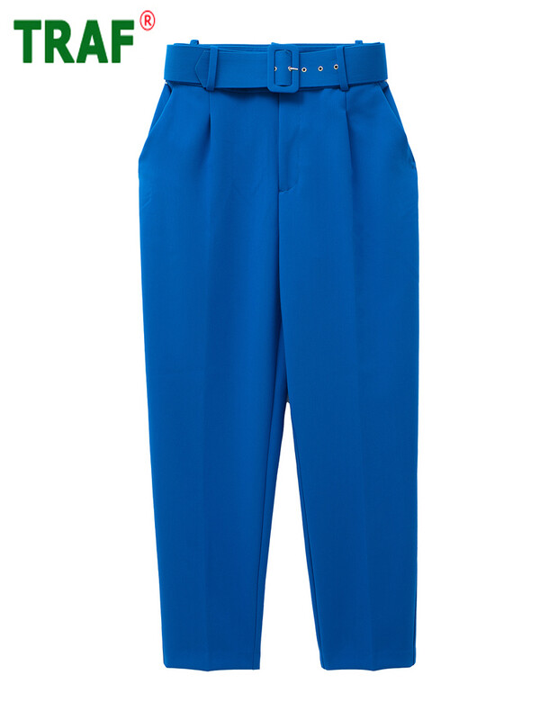 TRAF 2022 Mėlynos moteriškos kelnės diržas aukštu juosmeniu moteriškos kelnės žalios biuro kelnės moterims Streetwear Y2K estetinės kelnės moteriškos