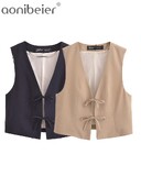 Aonibeier Κομψό Φιόγκο με κορδόνι Γυναικείο Γιλέκο Traf 2024 Φθινόπωρο V λαιμόκοψη με κούφιο έξω αμάνικο λεπτό σακάκι Crop Top Blazer Γιλέκο Y2K