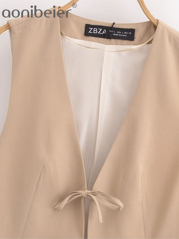 Aonibeier Κομψό Φιόγκο με κορδόνι Γυναικείο Γιλέκο Traf 2024 Φθινόπωρο V λαιμόκοψη με κούφιο έξω αμάνικο λεπτό σακάκι Crop Top Blazer Γιλέκο Y2K
