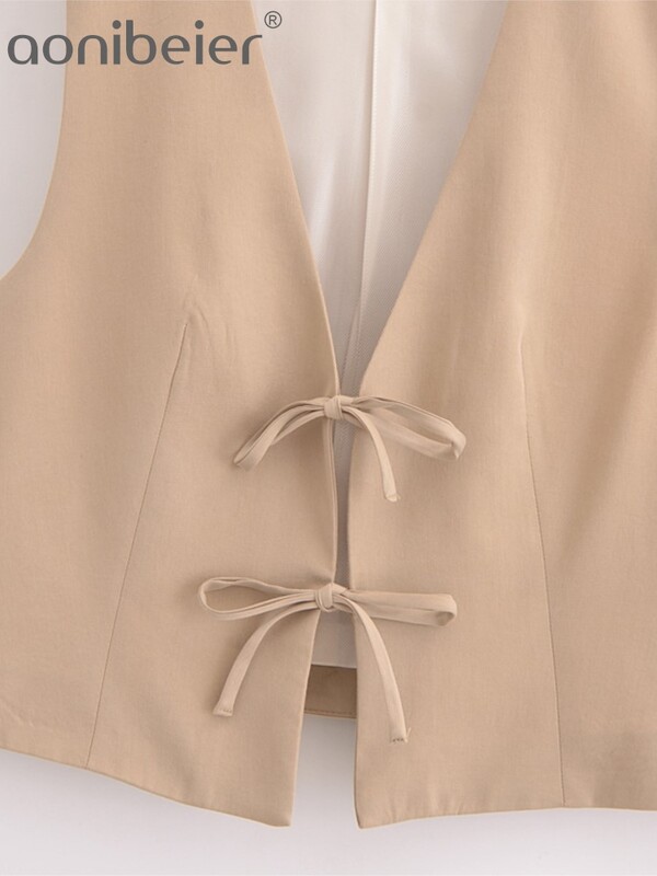 Aonibeier Κομψό Φιόγκο με κορδόνι Γυναικείο Γιλέκο Traf 2024 Φθινόπωρο V λαιμόκοψη με κούφιο έξω αμάνικο λεπτό σακάκι Crop Top Blazer Γιλέκο Y2K