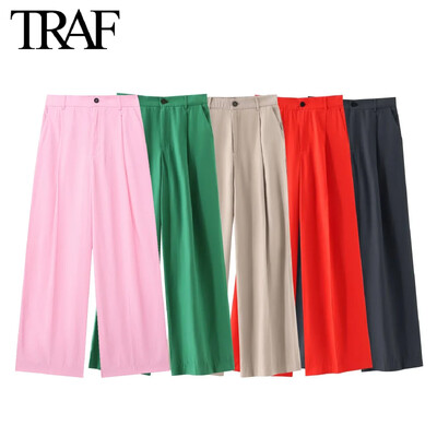 TRAF Moda femei 2024 Nou Casual Culoare Solidă Buzunar Lat Plis Fermoar Pantaloni Chic Femei Talie Înaltă Picioare Late Pantaloni Mujer