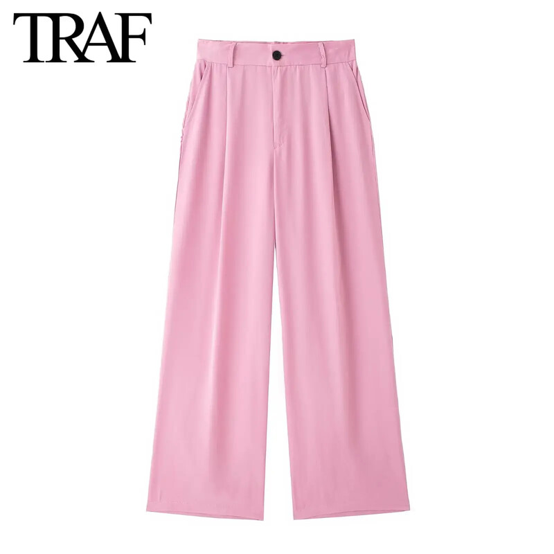 TRAF Ženska moda 2024. Nove ležerne jednobojne široke plisirane hlače s patentnim zatvaračem, elegantne ženske hlače sa širokim nogavicama visokog struka Mujer