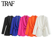 TRAF Γυναικεία Μόδα Νέα μακρυμάνικη ζώνη Φιόγκο blazers κοστούμι παλτό Κομψό γυναικείο ψηλόμεσο παντελόνι Παντελόνι δύο τεμαχίων