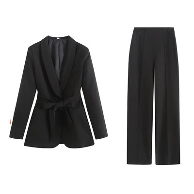 TRAF Γυναικεία Μόδα Νέα μακρυμάνικη ζώνη Φιόγκο blazers κοστούμι παλτό Κομψό γυναικείο ψηλόμεσο παντελόνι Παντελόνι δύο τεμαχίων