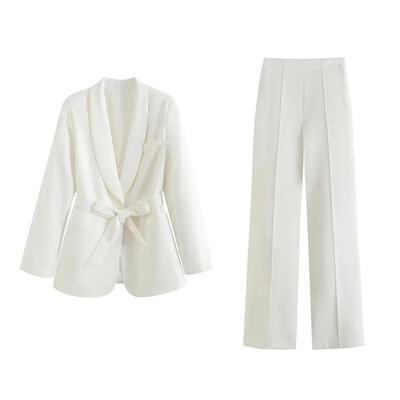 TRAF Γυναικεία Μόδα Νέα μακρυμάνικη ζώνη Φιόγκο blazers κοστούμι παλτό Κομψό γυναικείο ψηλόμεσο παντελόνι Παντελόνι δύο τεμαχίων