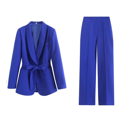TRAF Γυναικεία Μόδα Νέα μακρυμάνικη ζώνη Φιόγκο blazers κοστούμι παλτό Κομψό γυναικείο ψηλόμεσο παντελόνι Παντελόνι δύο τεμαχίων