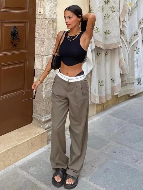 TRAF Ženske Wanted Line Decoration Splicing Široke hlače Male nabrane Hlače visokog struka Elegantna ženska odjeća