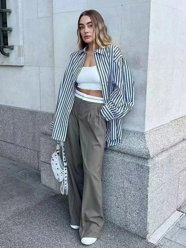 TRAF Ženske Wanted Line Decoration Splicing Široke hlače Male nabrane Hlače visokog struka Elegantna ženska odjeća