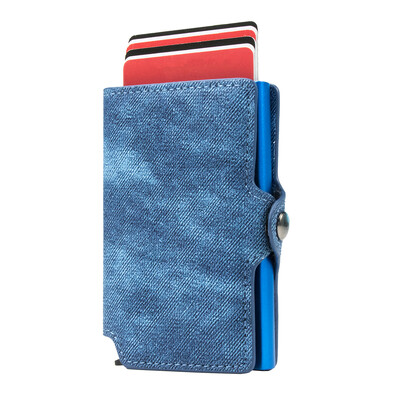 CASEKEY Suport pentru carduri Antifurt Cutie ușoară din aluminiu Cutie subțire din piele denim Poșetă tip portofel pentru bărbați și femei.