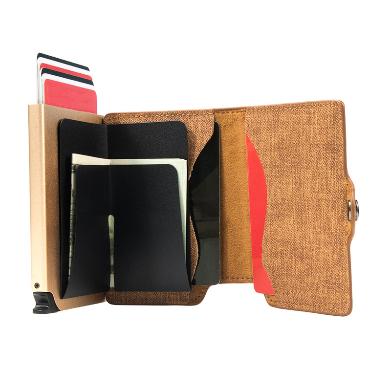 CASEKEY Suport pentru carduri Antifurt Cutie ușoară din aluminiu Cutie subțire din piele denim Poșetă tip portofel pentru bărbați și femei.