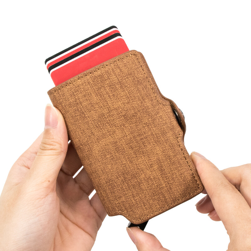 CASEKEY Suport pentru carduri Antifurt Cutie ușoară din aluminiu Cutie subțire din piele denim Poșetă tip portofel pentru bărbați și femei.