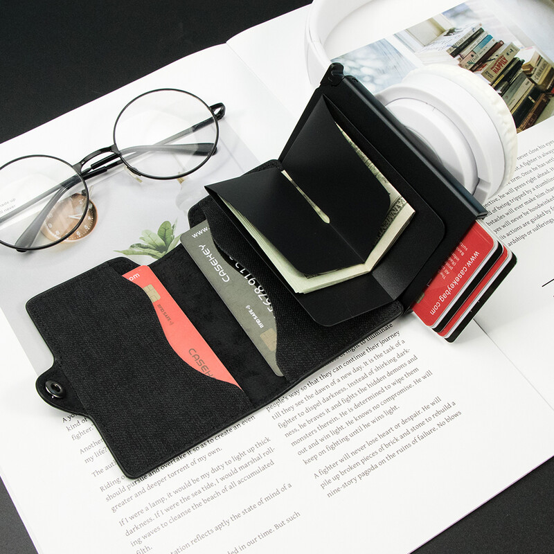 CASEKEY Suport pentru carduri Antifurt Cutie ușoară din aluminiu Cutie subțire din piele denim Poșetă tip portofel pentru bărbați și femei.