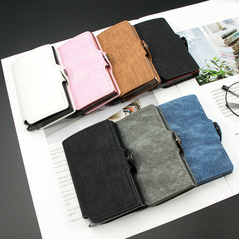 CASEKEY Suport pentru carduri Antifurt Cutie ușoară din aluminiu Cutie subțire din piele denim Poșetă tip portofel pentru bărbați și femei.