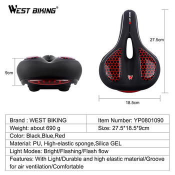 WEST BIKING PU GEL Μαλακό Παχύ Κάθισμα Σέλας Ποδηλάτου με Φως Πίσω Φως Αδιάβροχο Μπροστινή Σέλα Άνετο Μαξιλάρι Ποδηλάτου