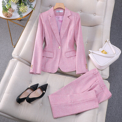 De lux Mici Femei Roz Blazer Doamnelor Costum Profesional Femei Temperament Costum Moda Interviu Formal Pantaloni Costume