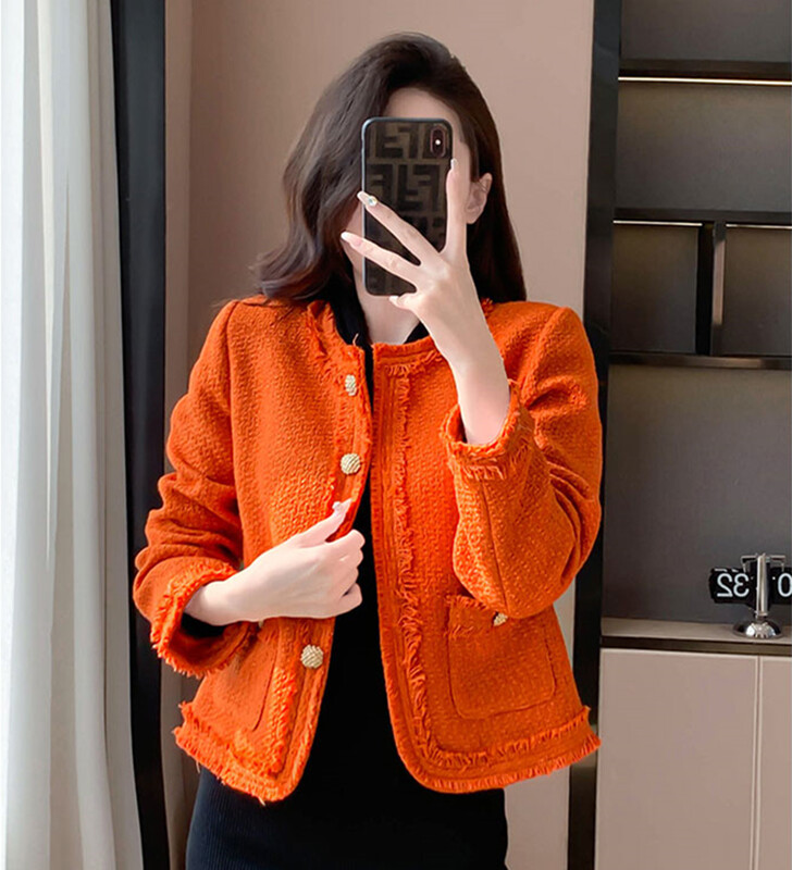 Eiropas luksusa īsa tvīda jaka sievietēm, 2024. gada rudens ziema, jauns, apaļš kakls, vienrinda ar garām piedurknēm, oranžs, apgriezts mētelis