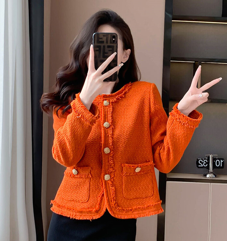 Eiropas luksusa īsa tvīda jaka sievietēm, 2024. gada rudens ziema, jauns, apaļš kakls, vienrinda ar garām piedurknēm, oranžs, apgriezts mētelis