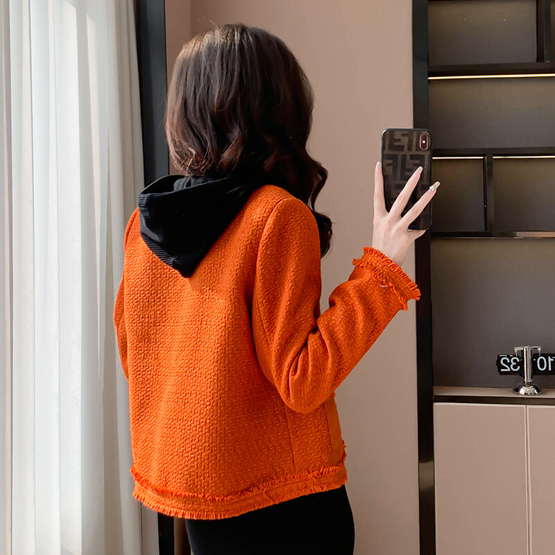 Eiropas luksusa īsa tvīda jaka sievietēm, 2024. gada rudens ziema, jauns, apaļš kakls, vienrinda ar garām piedurknēm, oranžs, apgriezts mētelis