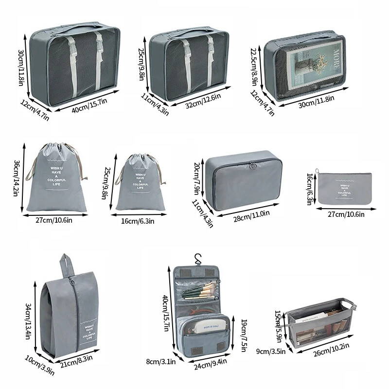 Set de 8 bucăți, organizator de călătorie impermeabil, genți portabile de depozitare, set de cuburi de ambalare, huse pentru bagaje, haine, lenjerie de corp.