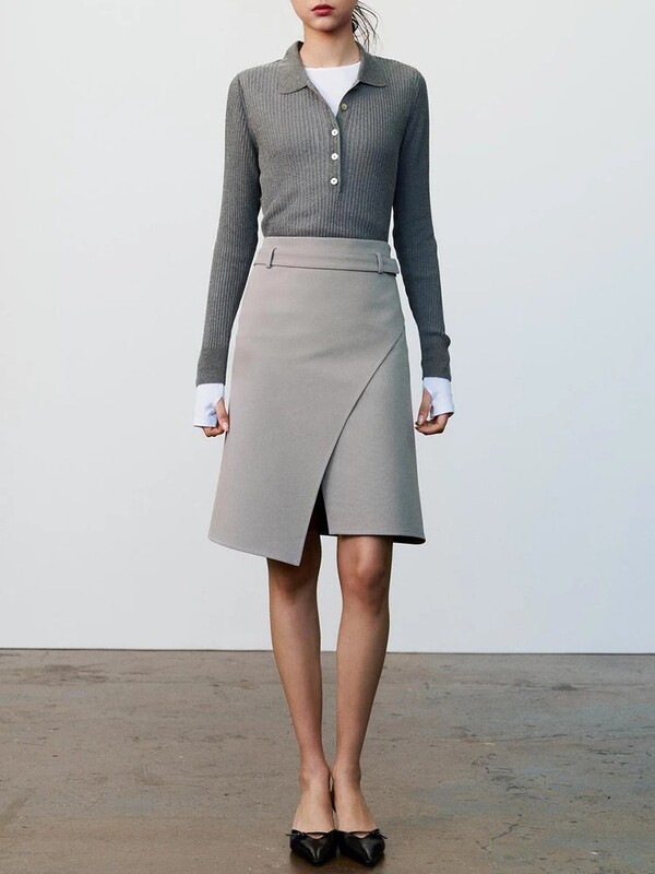 ZABA Γυναικεία ζώνη με πόρπη Ασύμμετρη φούστα με μισό σώμα Vintage λεπτή ψηλόμεση φούστα γραφείου Commuter Κομψή σπαστή φούστα με μισό σώμα