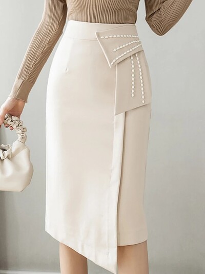 Κομψή μόδα ακανόνιστες ίσιες φούστες Γυναικείες κομψές πέρλες με χάντρες με ψηλή μέση casual midi φούστες γραφείου Lady wrap hip φούστες