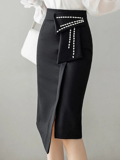 Κομψή μόδα ακανόνιστες ίσιες φούστες Γυναικείες κομψές πέρλες με χάντρες με ψηλή μέση casual midi φούστες γραφείου Lady wrap hip φούστες