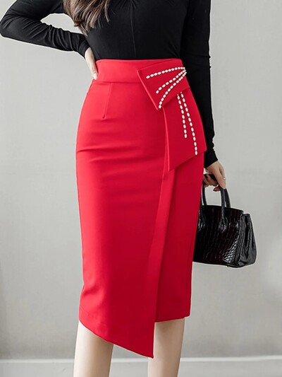 Κομψή μόδα ακανόνιστες ίσιες φούστες Γυναικείες κομψές πέρλες με χάντρες με ψηλή μέση casual midi φούστες γραφείου Lady wrap hip φούστες