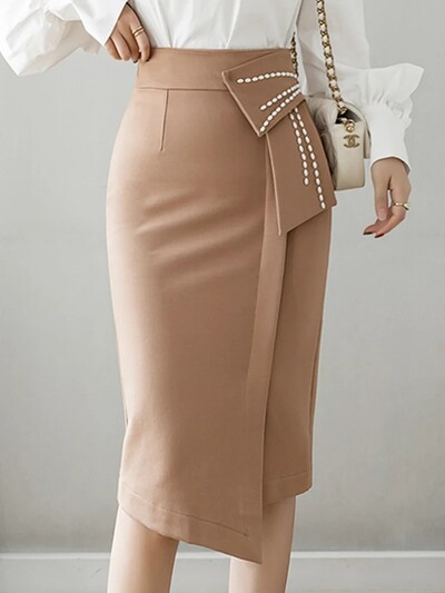 Κομψή μόδα ακανόνιστες ίσιες φούστες Γυναικείες κομψές πέρλες με χάντρες με ψηλή μέση casual midi φούστες γραφείου Lady wrap hip φούστες