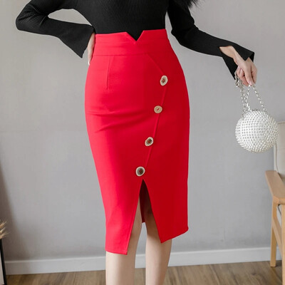 Fuste supradimensionate cu talie înaltă, cu nasturi, 2024, la modă, până la genunchi, fustă bodycon, fustă, haine coreeane, elegantă, sexy, de birou
