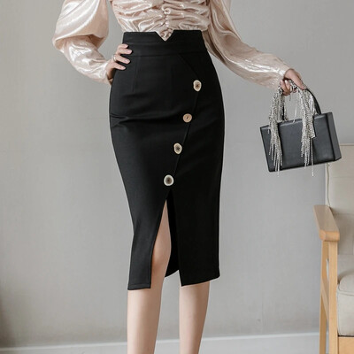 Fuste supradimensionate cu talie înaltă, cu nasturi, 2024, la modă, până la genunchi, fustă bodycon, fustă, haine coreeane, elegantă, sexy, de birou