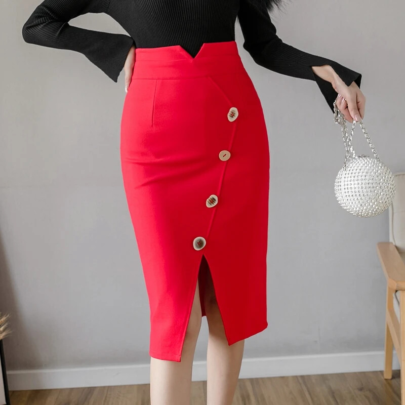 Fuste supradimensionate cu talie înaltă, cu nasturi, 2024, la modă, până la genunchi, fustă bodycon, fustă, haine coreeane, elegantă, sexy, de birou