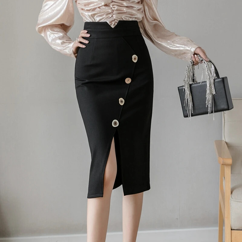 Fuste supradimensionate cu talie înaltă, cu nasturi, 2024, la modă, până la genunchi, fustă bodycon, fustă, haine coreeane, elegantă, sexy, de birou