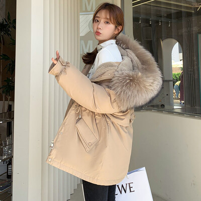 Παλτό με γούνινο γιακά αλεπούς γυναικείο χειμερινό παλτό εγκύων συν βελούδινο χοντρό ζεστό βαμβακερό παλτό γυναικείο χειμερινό παλτό παρκά