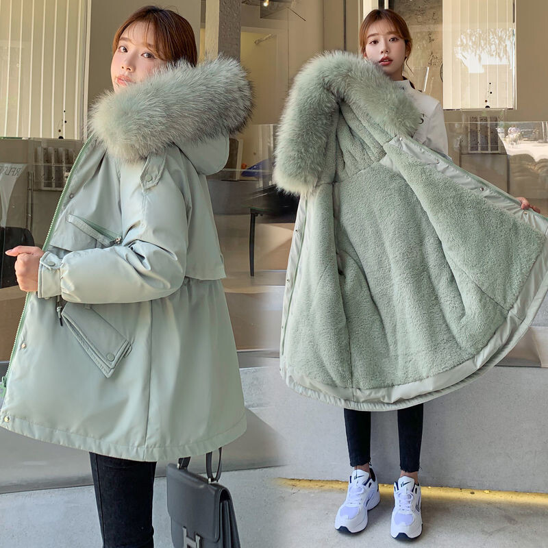 Παλτό με γούνινο γιακά αλεπούς γυναικείο χειμερινό παλτό εγκύων συν βελούδινο χοντρό ζεστό βαμβακερό παλτό γυναικείο χειμερινό παλτό παρκά