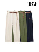 TRAF-Pantaloni de damă în față, buzunare laterale, cu centură, talie înaltă, braț cu fermoar, pantaloni pentru femei, modă șic