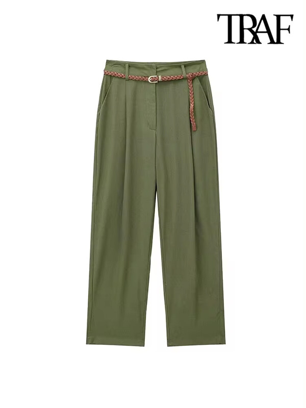 TRAF-Pantaloni de damă în față, buzunare laterale, cu centură, talie înaltă, braț cu fermoar, pantaloni pentru femei, modă șic