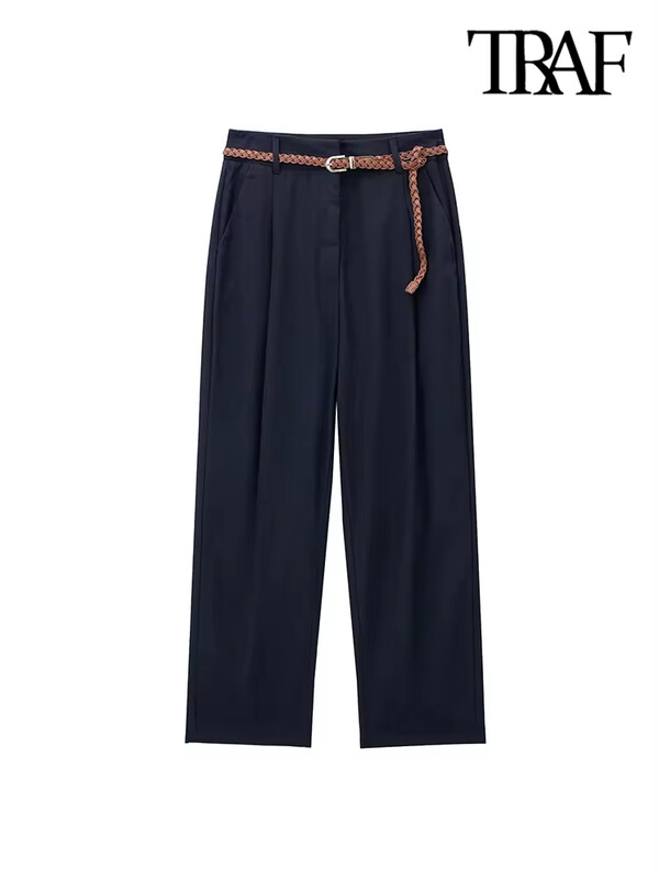 TRAF-Pantaloni de damă în față, buzunare laterale, cu centură, talie înaltă, braț cu fermoar, pantaloni pentru femei, modă șic