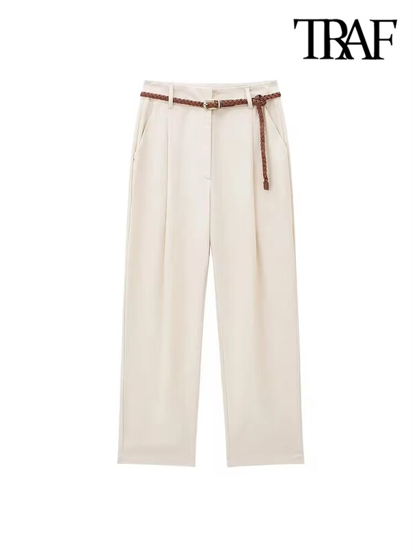 TRAF-Pantaloni de damă în față, buzunare laterale, cu centură, talie înaltă, braț cu fermoar, pantaloni pentru femei, modă șic