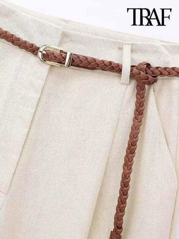 TRAF-Pantaloni de damă în față, buzunare laterale, cu centură, talie înaltă, braț cu fermoar, pantaloni pentru femei, modă șic