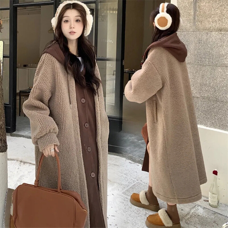 Ρούχα για έγκυες γυναίκες 2024 Φθινόπωρο/Χειμώνας Διακοπές Δύο τεμάχια με Καπέλο αρνί Fleece Παλτό Γυναικείο Χαλαρό και Παχύ Μακρύ Παλτό WLF