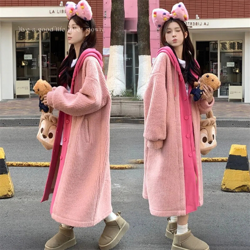 Ρούχα για έγκυες γυναίκες 2024 Φθινόπωρο/Χειμώνας Διακοπές Δύο τεμάχια με Καπέλο αρνί Fleece Παλτό Γυναικείο Χαλαρό και Παχύ Μακρύ Παλτό WLF