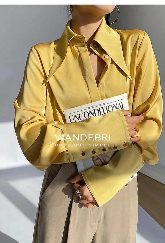 Cămăși elegante din mătase satinată pentru femei, primăvară, toamnă, vintage, cu guler răsturnat, bluză pentru femei, albă, pentru birou, cămașă pentru damă, Topuri Bluse 16946