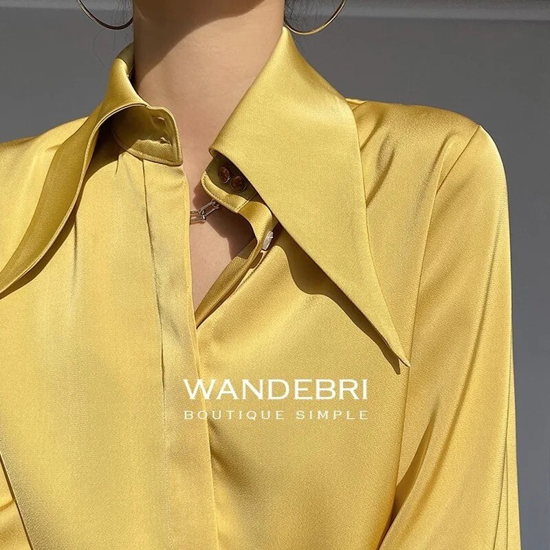 Cămăși elegante din mătase satinată pentru femei, primăvară, toamnă, vintage, cu guler răsturnat, bluză pentru femei, albă, pentru birou, cămașă pentru damă, Topuri Bluse 16946