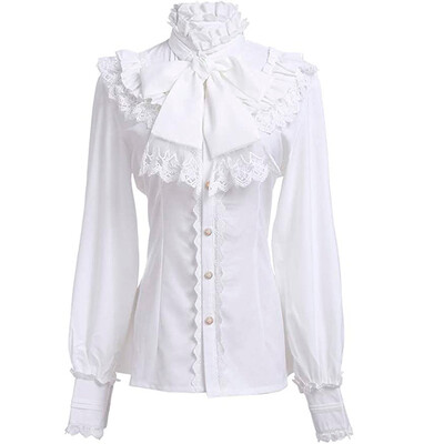 Cămașă gotică retro cu mânecă lungă cu mânecă lungă din dantelă cu volană decolteu cu fundă Lolita cămașă albă Top cu nasturi victorian Top cămașă office